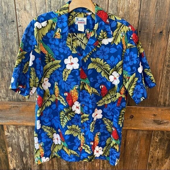 Hawaii M Unisex Blue Palms Parrot Short Sleeve Button Front Hawaiian Shirt - Picture 2 of 8